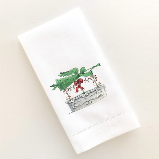 Topiary angel trumpeting in a concrete decorative urn printed on a linen guest towel by Michelle Masters