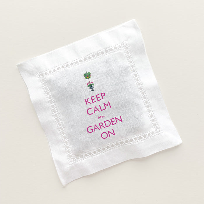 Keep Calm and Garden On with topiary crown printed on linen sachet filled with french lavender buds.