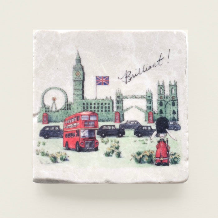 Whimsical London landmarks topiary hedge printed on Marble Coastere with