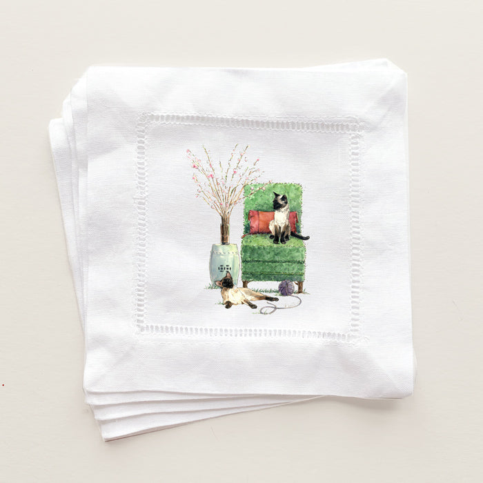 Siamese cats in a garden setting printed in the US on Linen Cocktail Napkins