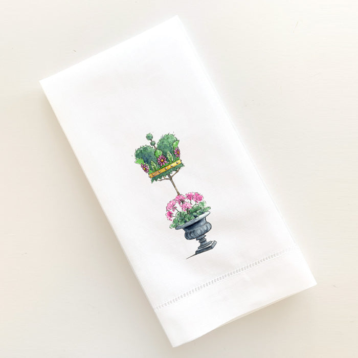 Linen guest towel printed topiary crown design by artist Michelle Masters.