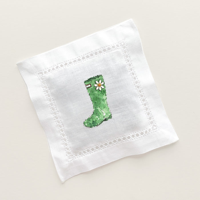 Linen hemstitched lavender sachet with a topiary wellie featured.