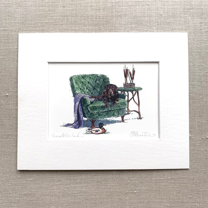 Chocolate Lab on whimsical topiary chair giclee art print