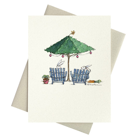 Rabbits, adirondack chairs and topiary beach umbrella printed on notecard.