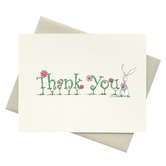 Thank you spelled out in topiary with flowers and bunny printed on stylish recycled paper notecards with contrasting envelope.