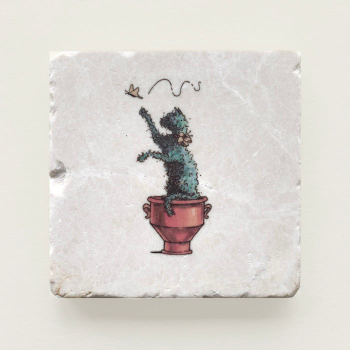 Topiary cat on tumbled marble coaster.