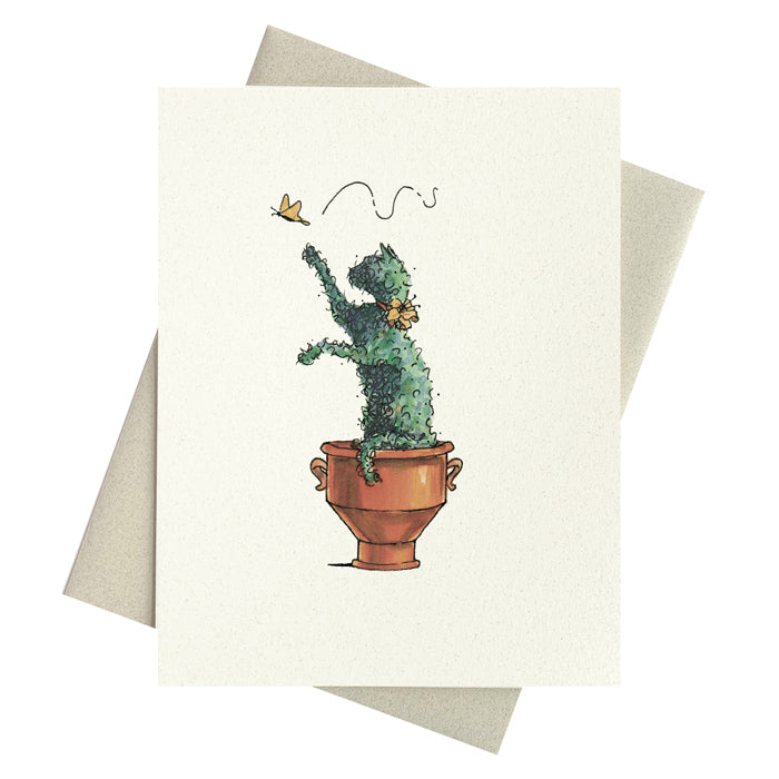 Potted cat topiary pawing at passing butterfly notecards.