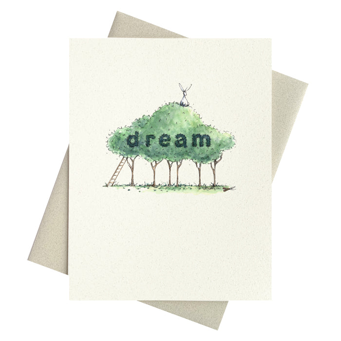 Cloud topiary with the word dream trimmed printed on notecard.