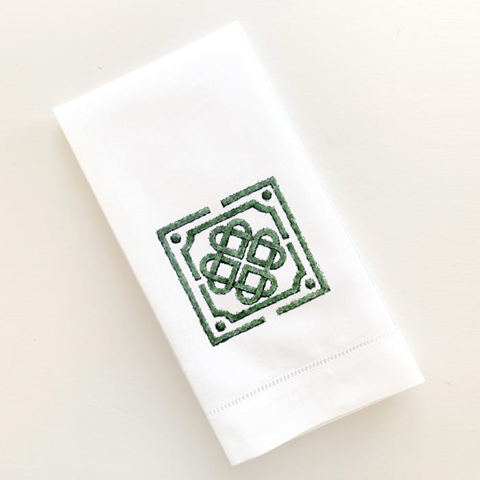 Interlocking heart knot garden printed on white linen guest towel
