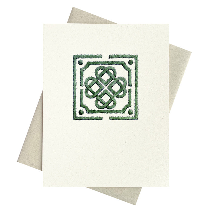 Heart Knot Garden printed on recycled paper notecard.
