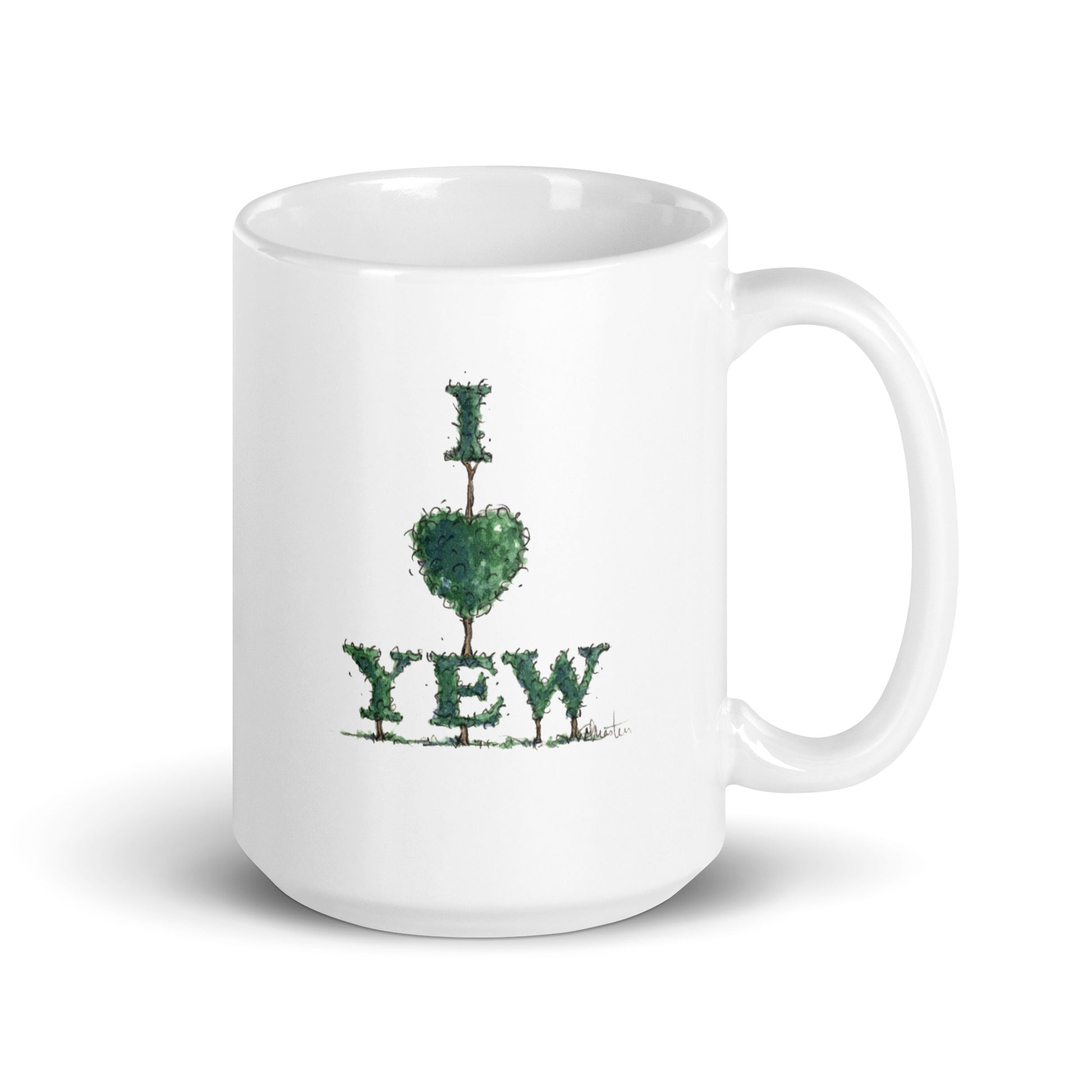 Glossy ceramic mug with topiary design spelling out I love Yew.