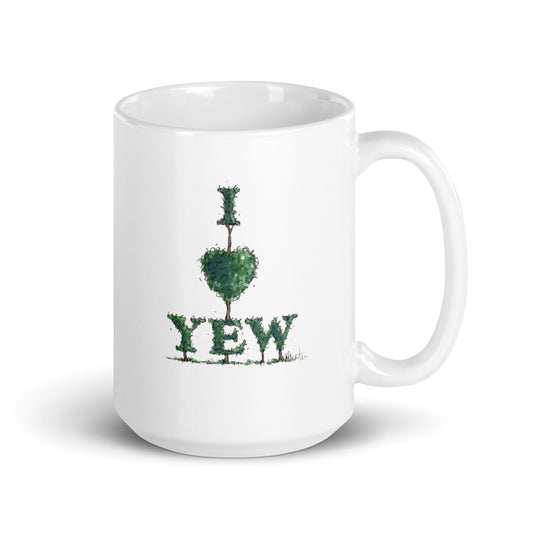 Glossy ceramic mug with topiary design spelling out I love Yew.