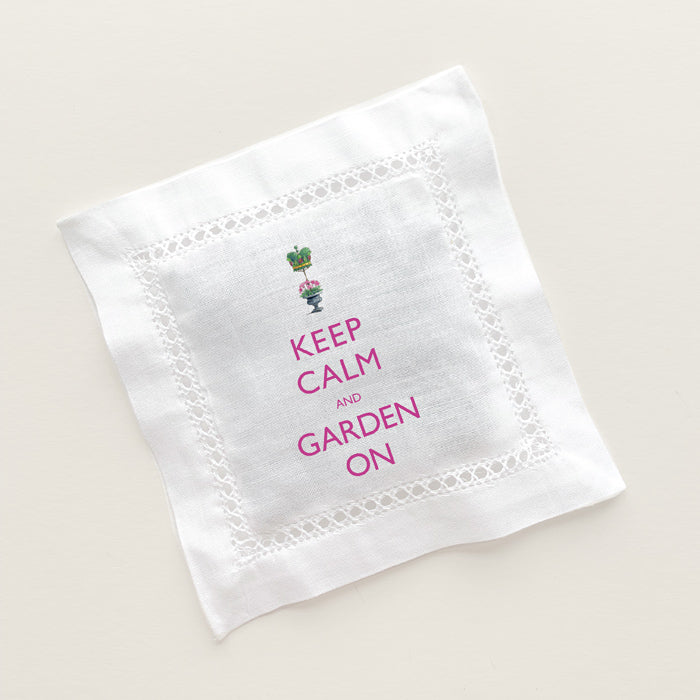 Keep Calm and Garden On  with topiary crown printed on linen sachet filled with french lavender buds. 