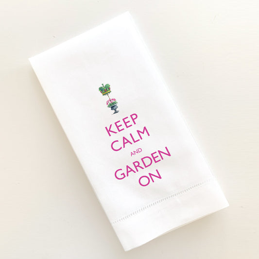 Keep Calm and Garden On printed on Linen hemstitched guest towel.