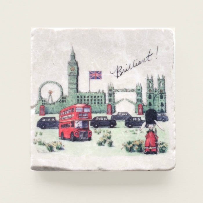 Whimsical London landmarks topiary hedge printed on Marble Coastere with 