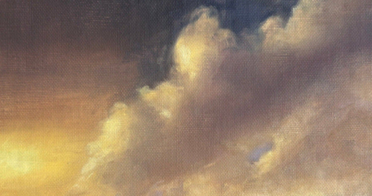 An oil painting of a dramatic sunset sky with glowing golden light breaking through dark clouds, above a dark, silhouetted landscape.
