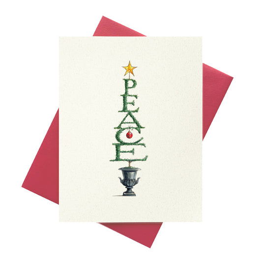 Holiday PEACE tree spelled out in topiary typography printed on holiday card.