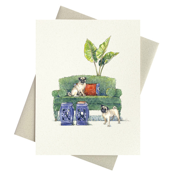 Pugs garden portrait printed on blank notecards by Michelle Masters Studio.