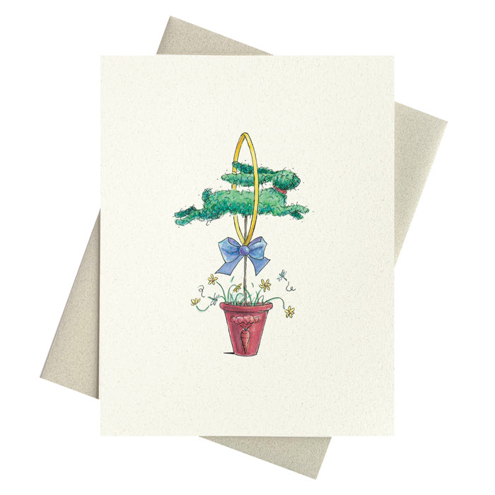 Preppy topiary rabbit jumping through golden hoop with dragonfiles and flowers around pot printed on recycled paper notecard