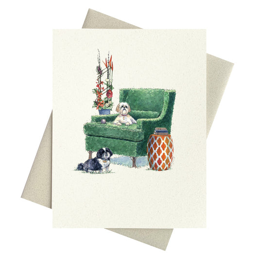 White Shih Tzu and black and white shih tzu in a garden setting on blank notecards.
