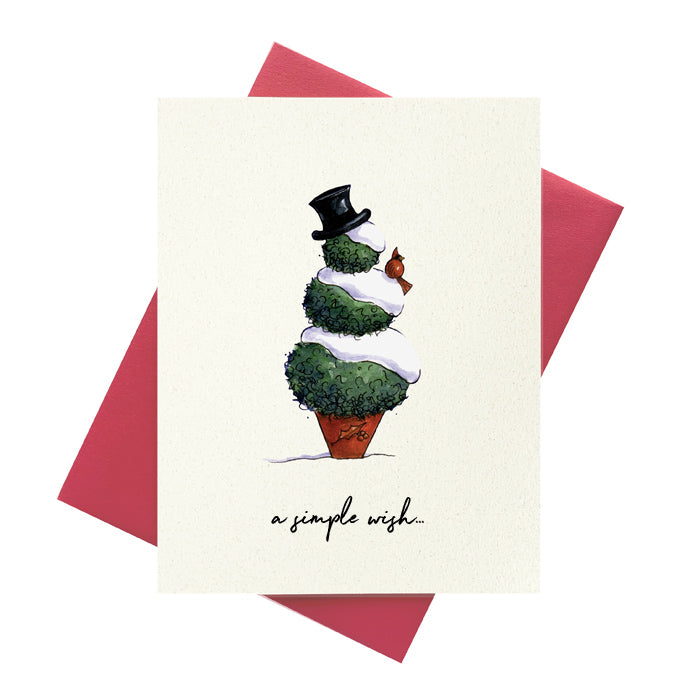 Three ball topiary in shape of snowman wearing top hat and a cardinal resting on his shoulder greeting card.
