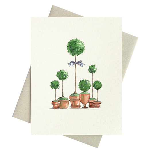 Whimsical watercolor ball topiaries in grouping notecards.