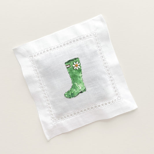 Linen hemstitched lavender sachet with a topiary wellie featured. 