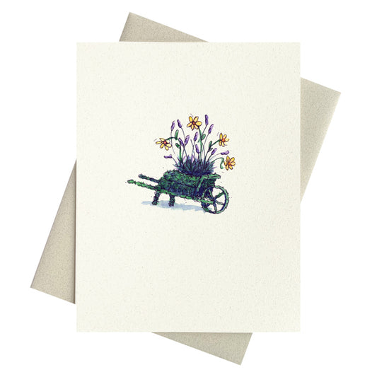 Whimsical green old fashioned wheelbarrow topiary with flowers printed on recycled paper stationery.