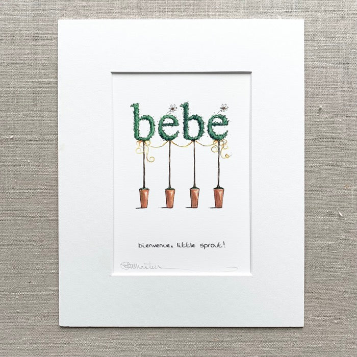 French themed art print for baby nursery. Topiary letters spell out bebe- listed below is " bienvenue, little sprout!"