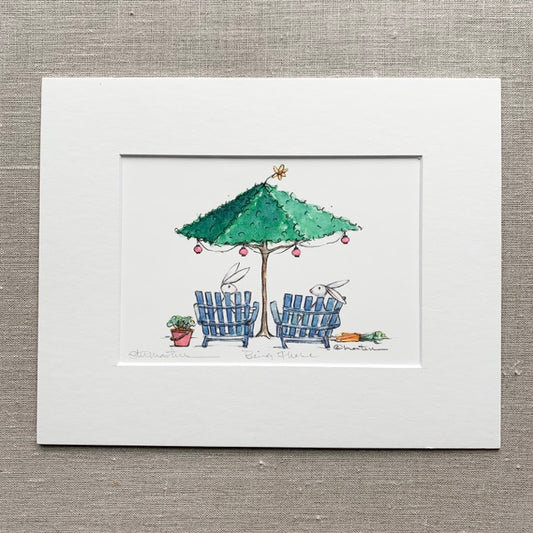 Topiary beach umbrella with bunnies talking in Adirondack chairs. "Being There" giclee art print by MIchelle Masters