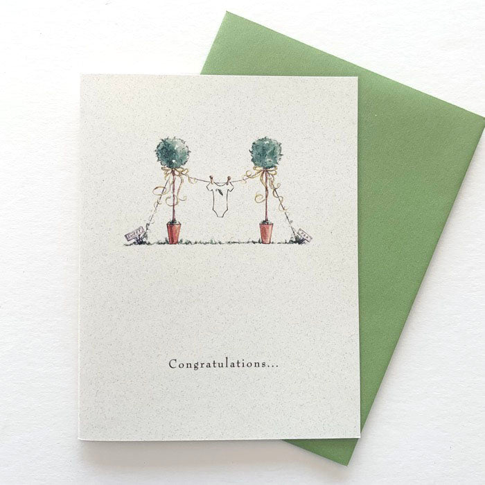New Baby Greeting Card with topiaries and onesie. Great for Gardeners